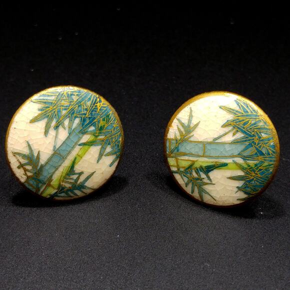 Vintage Japanese Satsuma Porcelain Earrings, Screw Backs, Bamboo Pattern - Picture 10 of 10